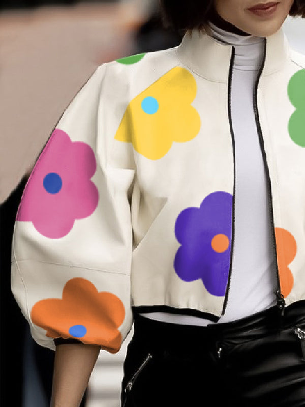 Contrast Color Colorful Flower Print Zipper Stand Collar Jackets Outerwear