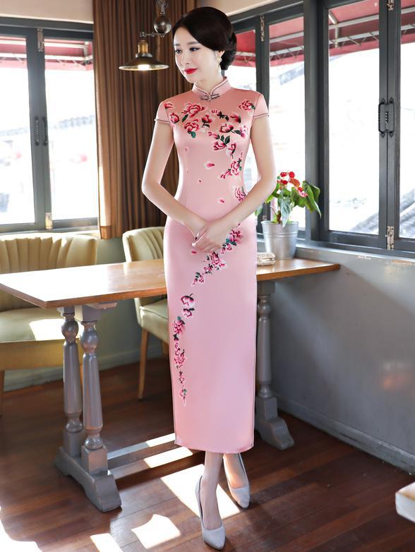 Pink Flower Print Stand-collar Long Cheongsam