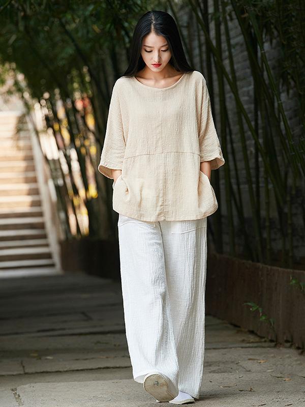 White&Beige Round-neck Ramie Cotton T-shirt