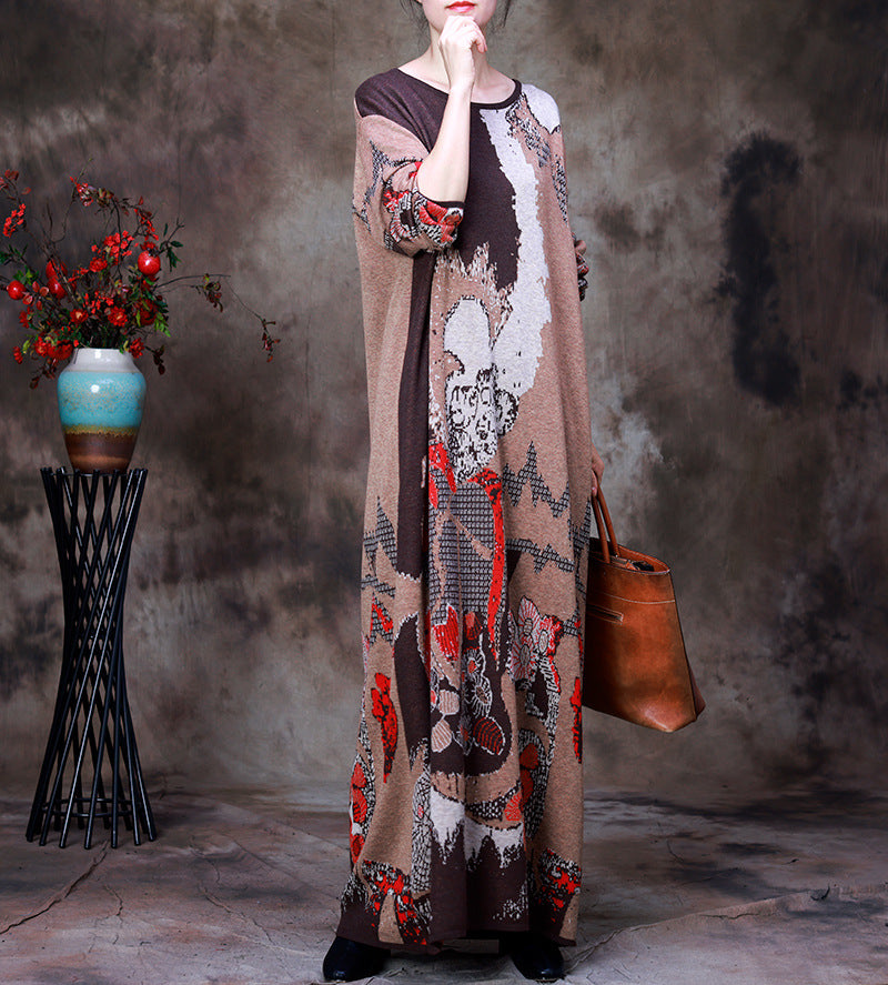 Round Neck Print Knit Midi Dress