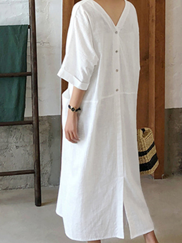 Loose V-Neck  Half Sleeves Solid Maxi Dress