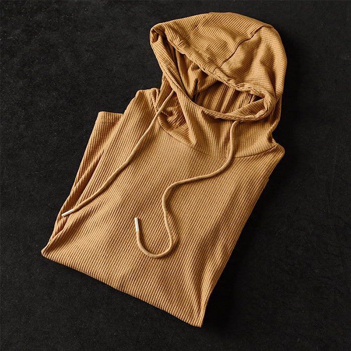 Solid Color Pit Striped Hooded Loose T-Shirt