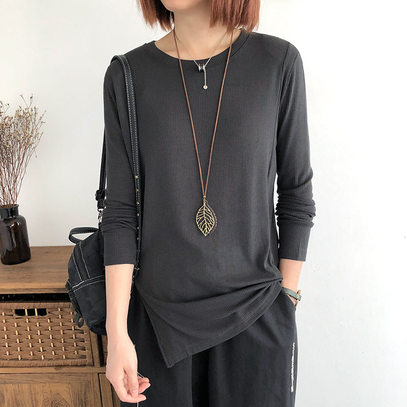 Solid Color Loose Top Slit T-Shirt