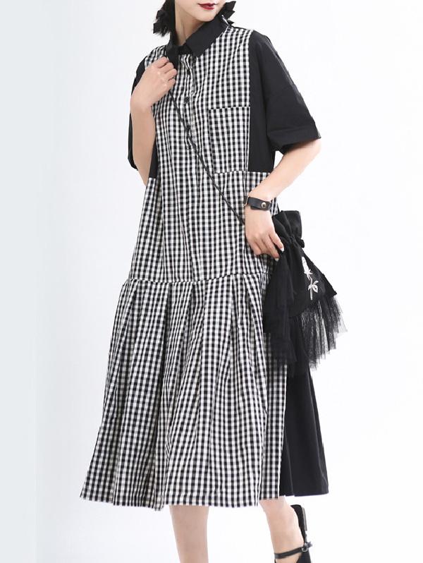 Plaid Splicing False-Two Pleated Dress