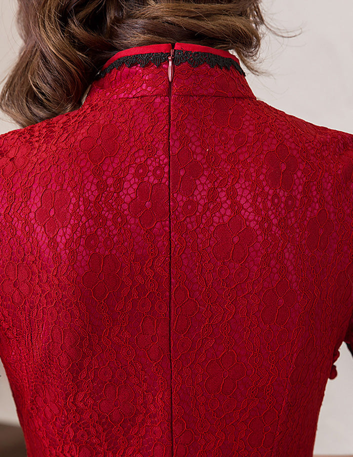 Slouchy Vintage Lace Red Low-Cut Cheongsam Midi Dress