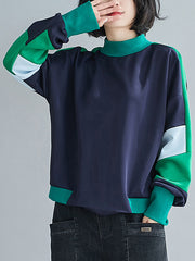 Women High Collar Contrast Stitching Pullover Long Sleeve Sweatshirt