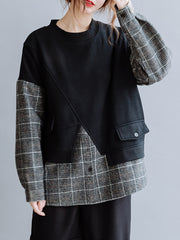 Women Loose Round Neck Plaid Stitching Casual Sweatshirt