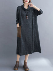 High-Neck Split-Joint Long Sleeves Midi Dress