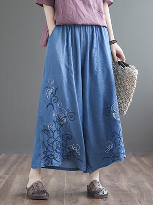 Artistic Retro Applique Wide Leg Jean Pants Bottoms