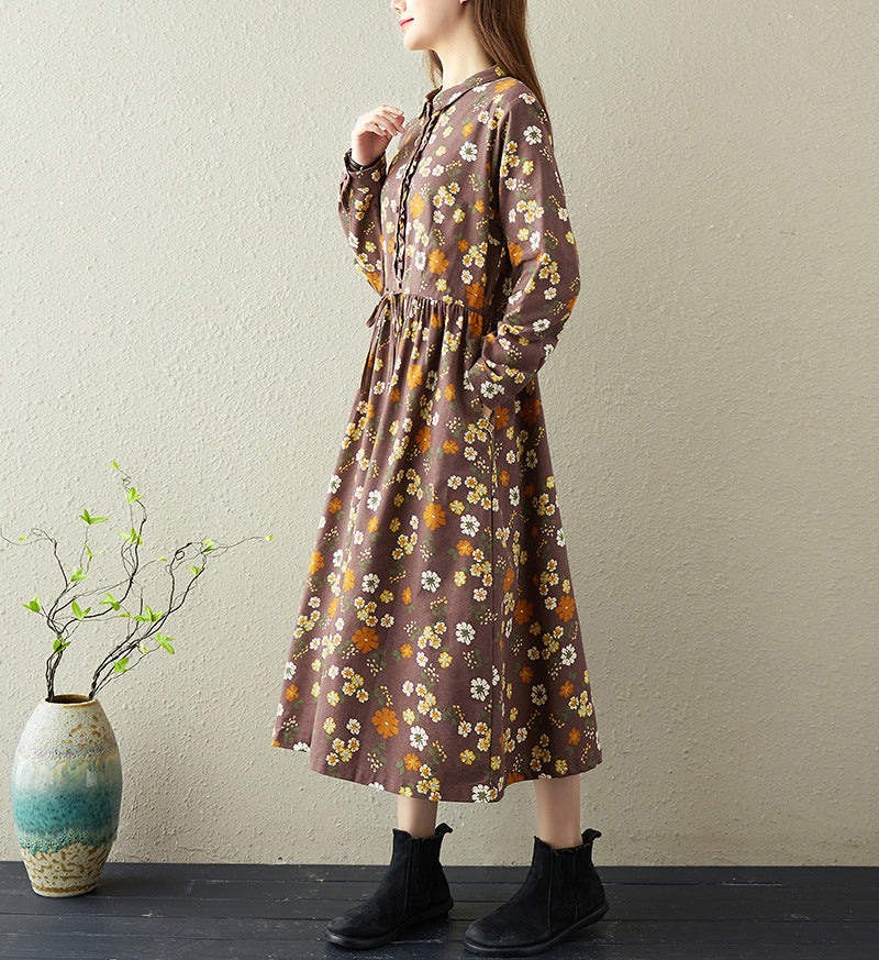 Lapel Lace-Up Floral Midi Dress