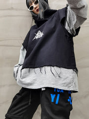 Stitching Color Block Printed High Neck Loose Casual Sweatshirt