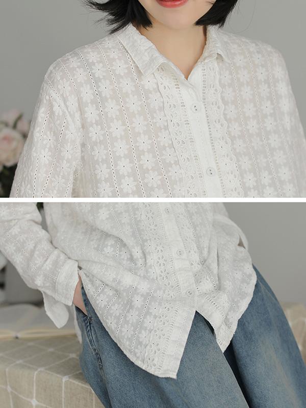 Loose Striped Embroidered Lapel Shirt