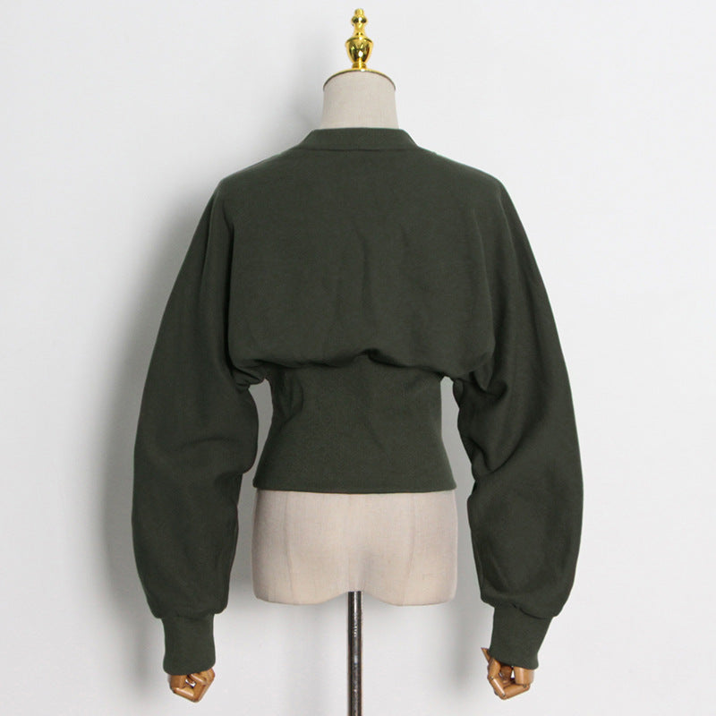 Simple Dark Green Round Neck Short Sweatshirt