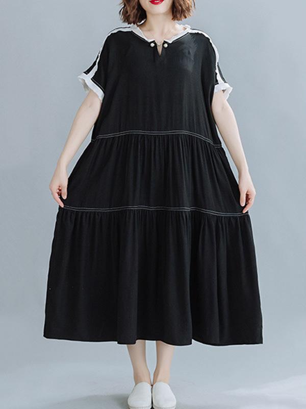 Loose Split-Joint Pleated Midi Dress