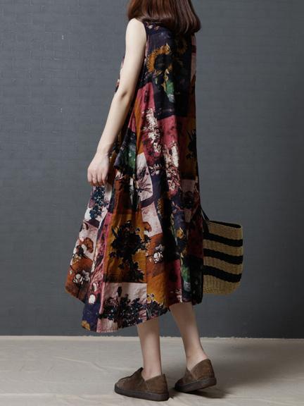 Red Printed Sleeveless Long Dress