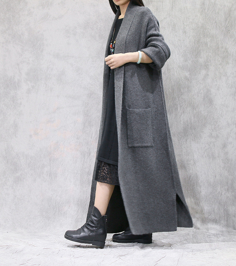 Retro Solid Color Woolen Long Outwear With Big Pocket