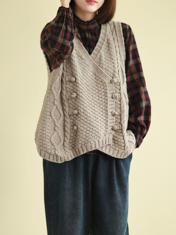 Vintage Loose Button Cropped V-Neck Vest