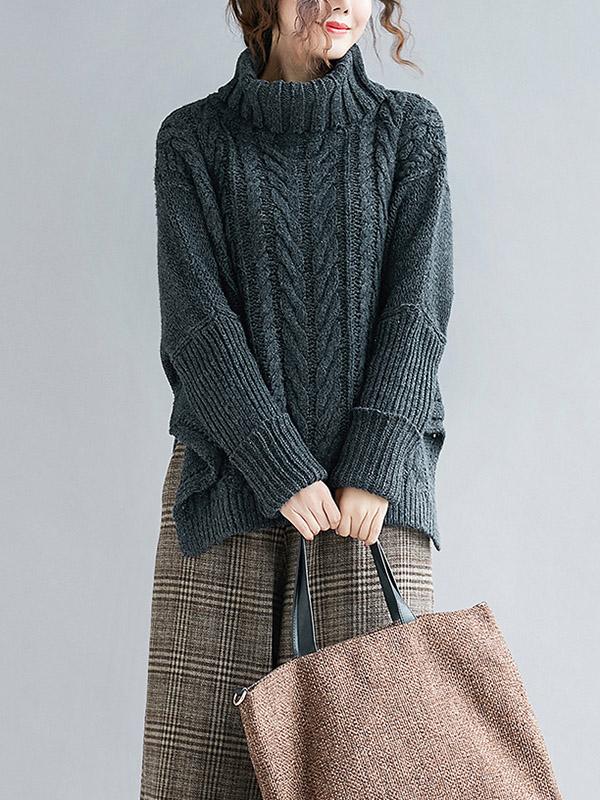 Cable- Knit High-neck Solid Loose Sweater