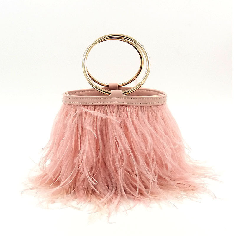 Ostrich Fur Tassel Metal Circle Handbag