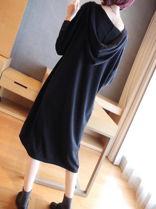 Loose Solid Knitting Hoodie Midi Dress