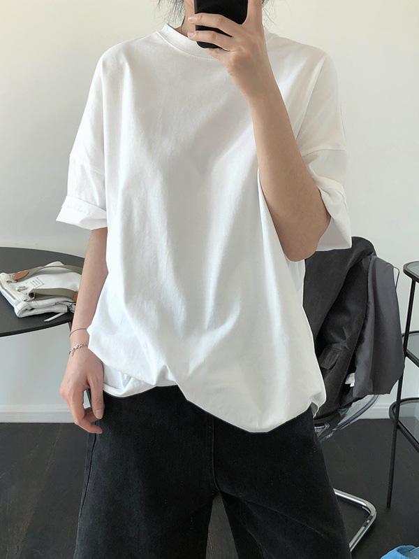 Solid Color Casual Loose Round Neck T-Shirt