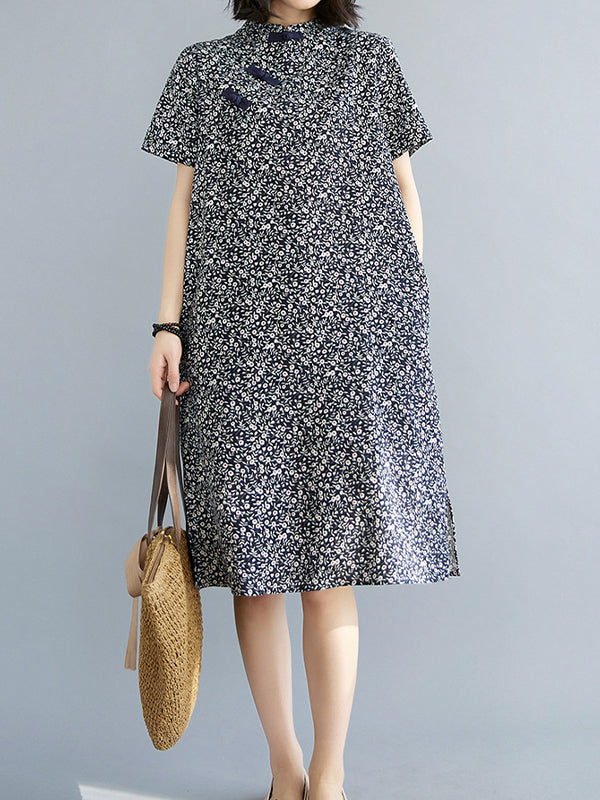 Retro Printd Short Sleeve Midi Dress
