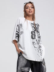 Casual Roomy Batwing Sleeves Stamped T-Shirt