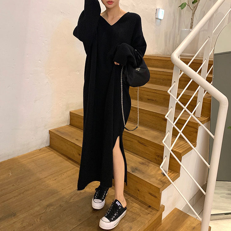 Women's Loose Split V-Neck Bottoming Knitted Sweater Dress