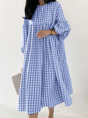 Casual Plaid Loose Long Sleeve Midi Dress