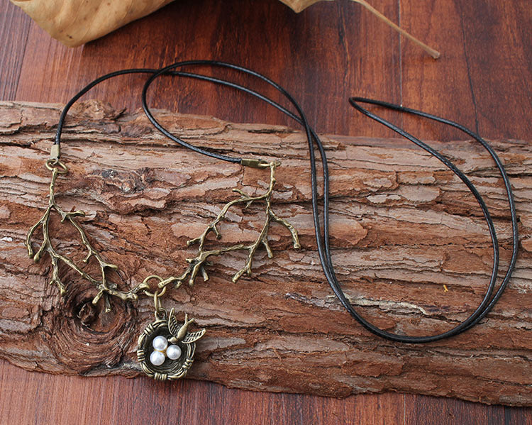 Wax Rope Necklace Alloy Bird's Nest Pendant Necklace