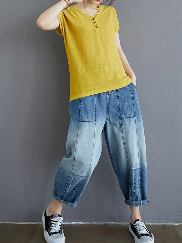 Women Solid Color V-Neck Buttoned Loose Short Sleeve T-Shirt