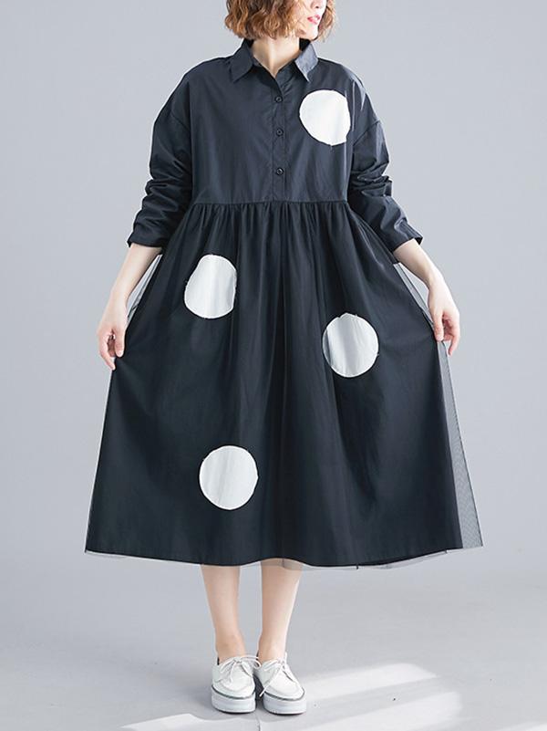 Loose Contrast Color Gauze Polka-Dot Dress