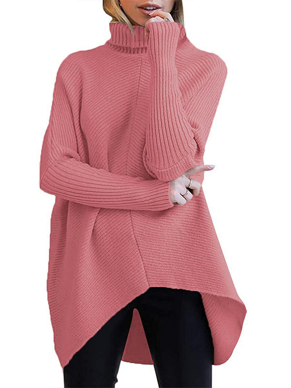 High Neck Asymmetrical Bat Sleeve Knit Sweater