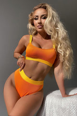 Orange Yellow Blocked Rib High Waisted Bikini Bottom