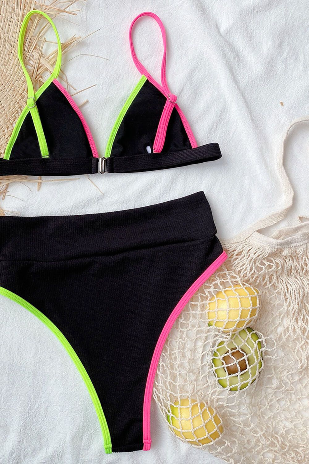 Pink Black Lime Colorblock Rib High Waisted Bikini Bottom
