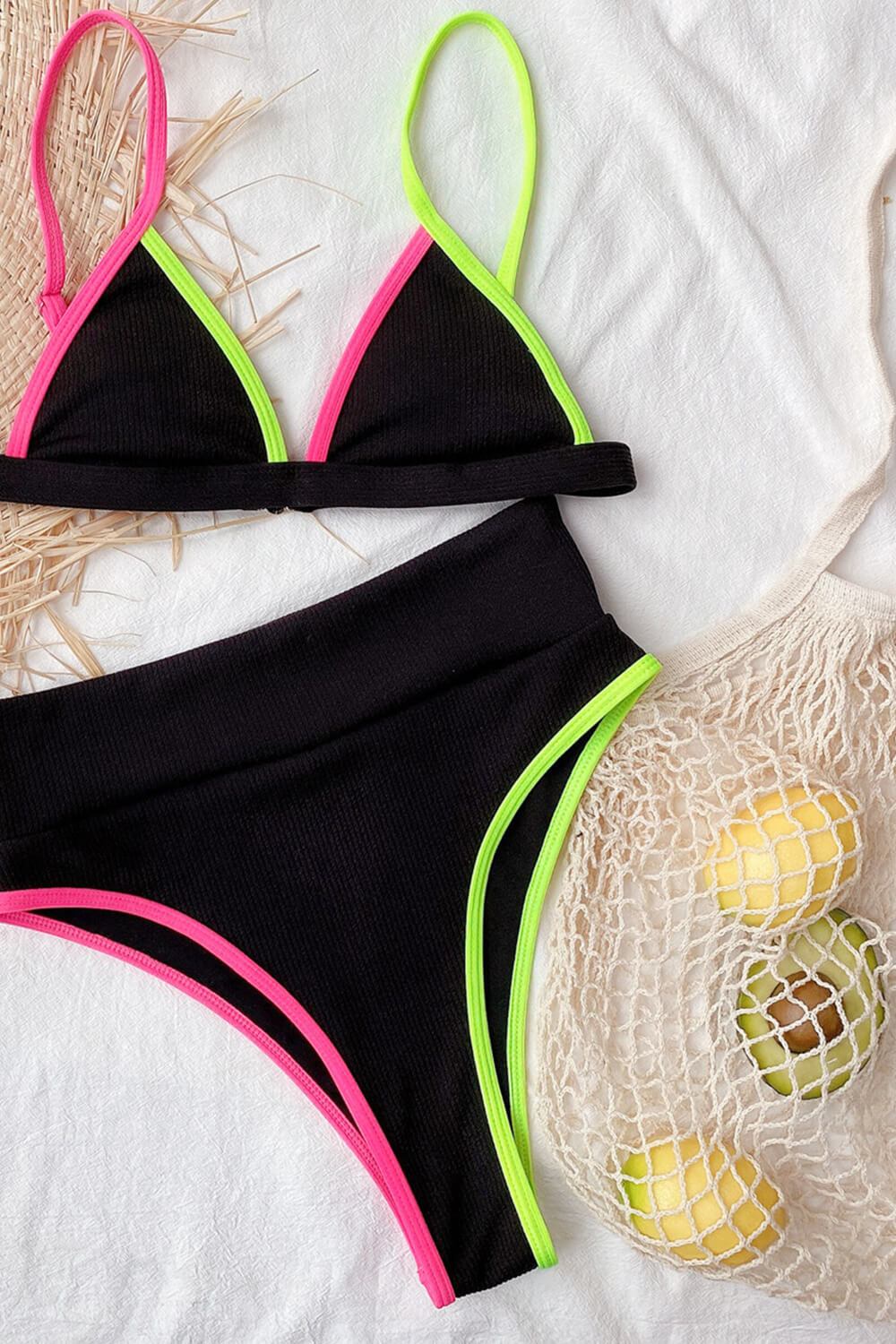 Pink Black Lime Colorblock Rib High Waisted Bikini Bottom