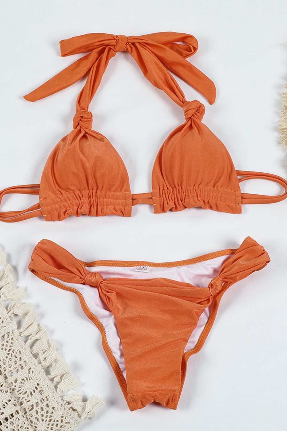 Triangle Knotted Scrunch Back Bikini Set With Frill Detail - Orange/Military Green