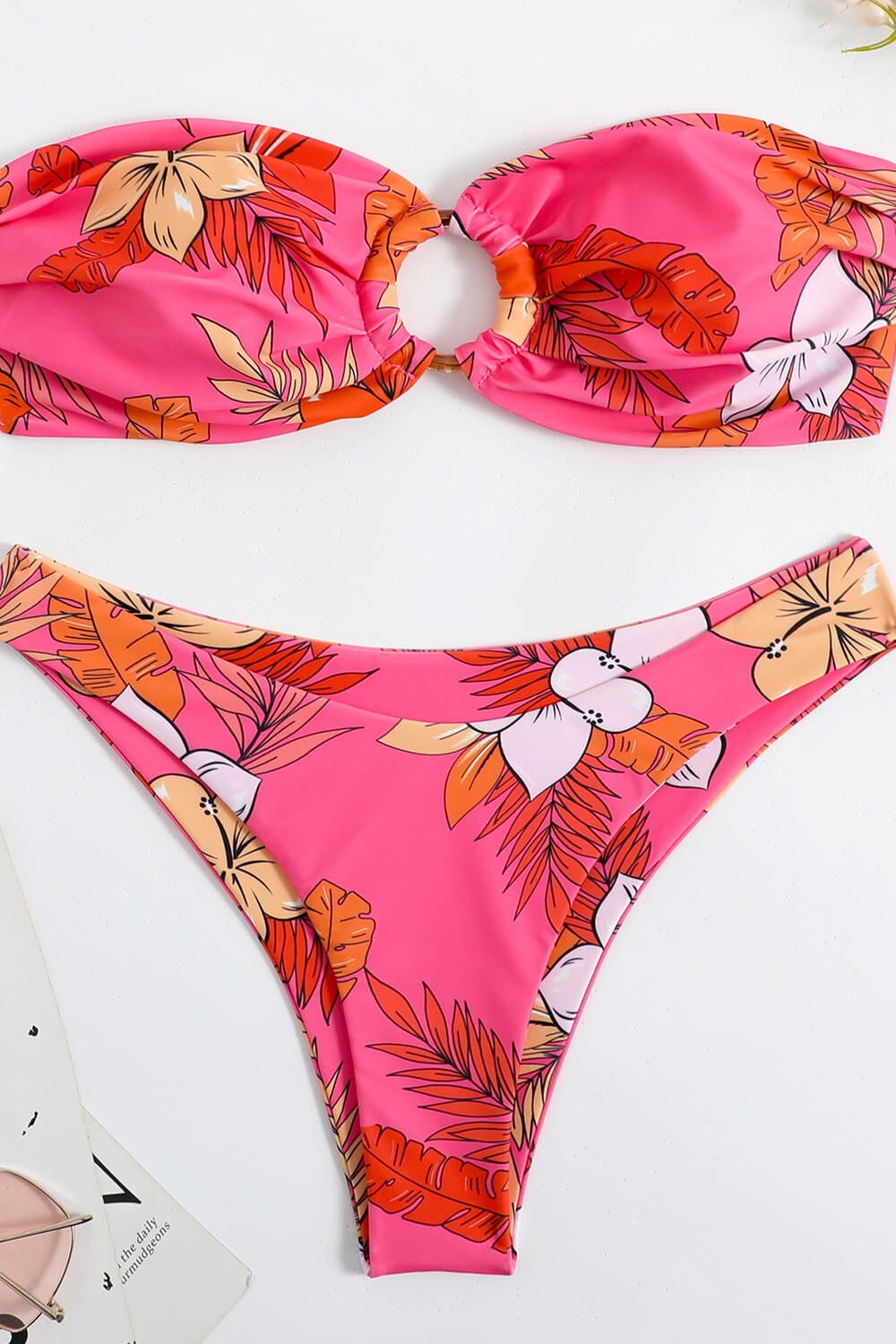Strapless Bandeau High Cut Bikini Set With Tortoise Shell  O-Ring Detail - Pink Floral