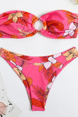 Strapless Bandeau High Cut Bikini Set With Tortoise Shell  O-Ring Detail - Pink Floral